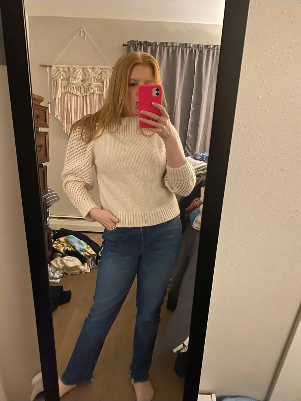LoveShackFancy Cream Open-Knit Puff Sleeve Sweater